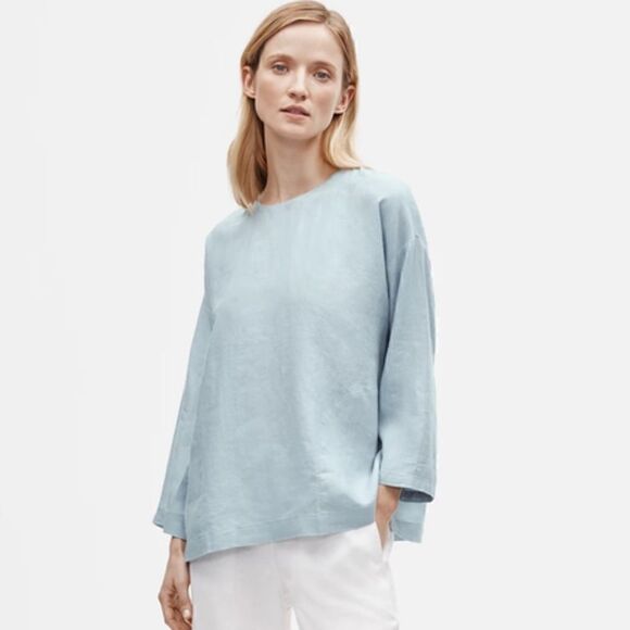 EILEEN FISHER Organic Handkerchief Linen Round Neck Box-Top Dawn Blue Women’s MP - Picture 1 of 8